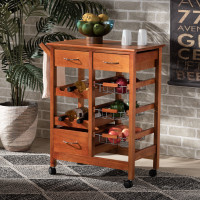 Baxton Studio LYA20-048-Wooden-Kitchen Cart Crayton Modern and Contemporary Oak Brown Finished Wood and Silver-Tone Metal Mobile Kitchen Storage Carti